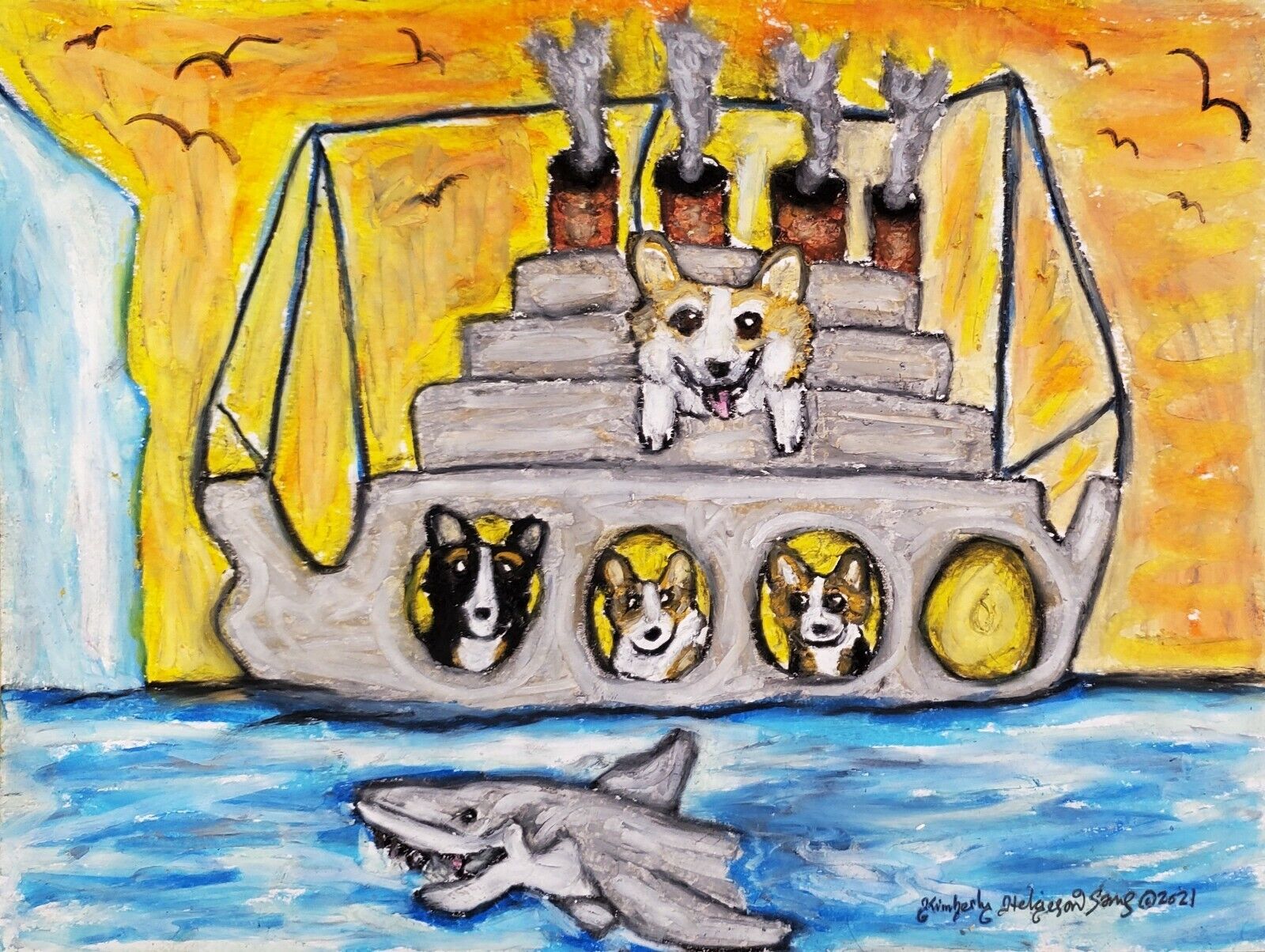 Pembroke Welsh Corgi Titanic Folk Art Print 5 x 7 Signed by Artist KSams Dogs