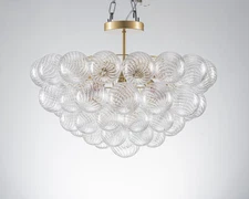 Mid-Century Hand Blown Glass Globe Clear Gold Semi Flush Mounted Chandelier