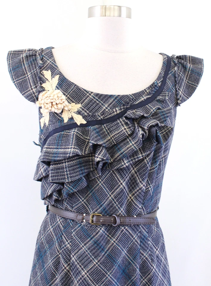 Vestido Floreat Anthropologie Gris Beige Cuadros Volantes Tweed Talla 6 Lana Foto 4 de 4