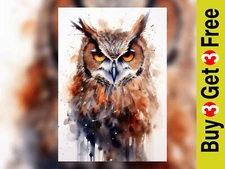 Intense Owl Watercolor Painting Print - Captivating Art Decor 5" x 7"