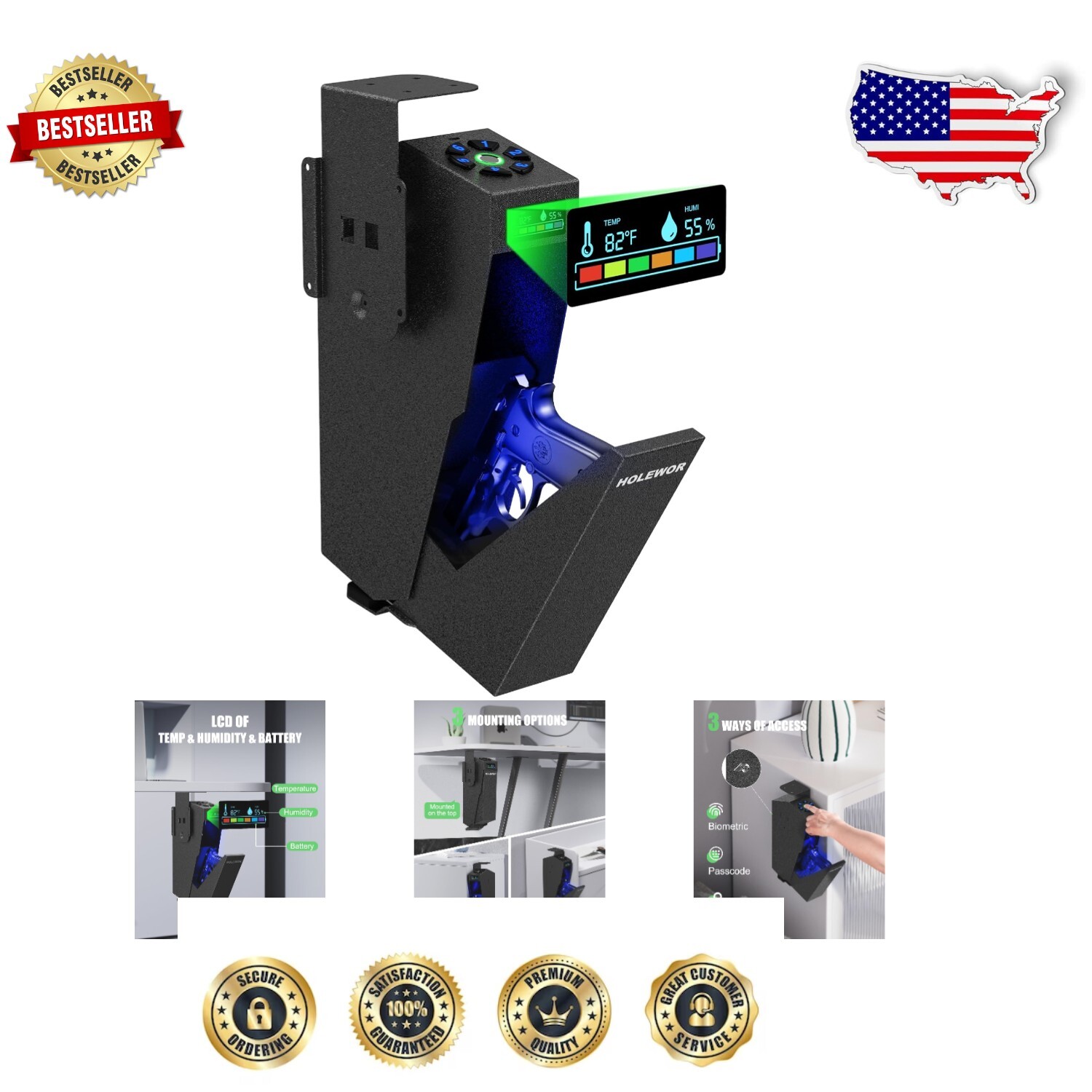 Multi-Mount Biometric Pistol Safe with Quick Access and Durable Construction