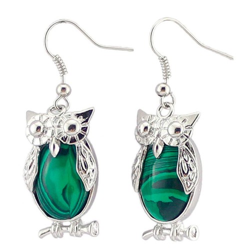 New Handmade Jewelry Green Malachite Gems Silver Owl Hook Earrings - Picture 6 of 6