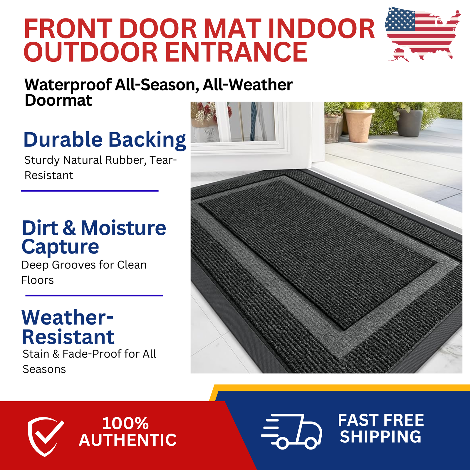 Front Door Mat Indoor Outdoor Entrance, Waterproof All-Season, All-Weather Doorm