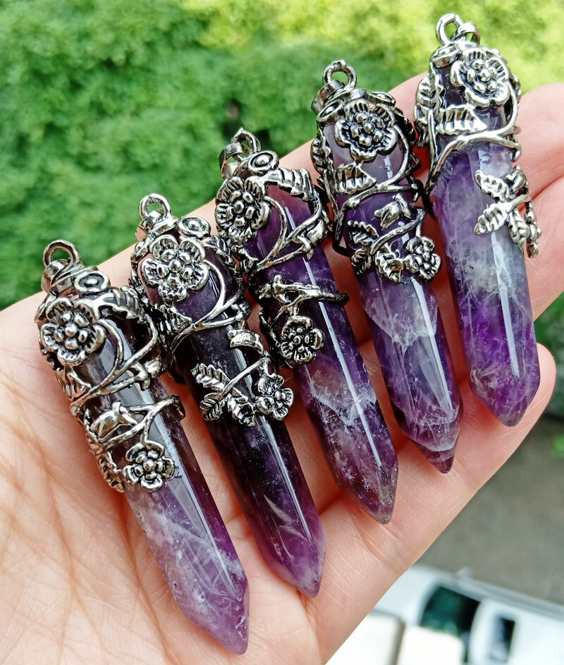 5pcs Amethyst stone Rose Pendants Chakra Reiki Healing Amulet Energy