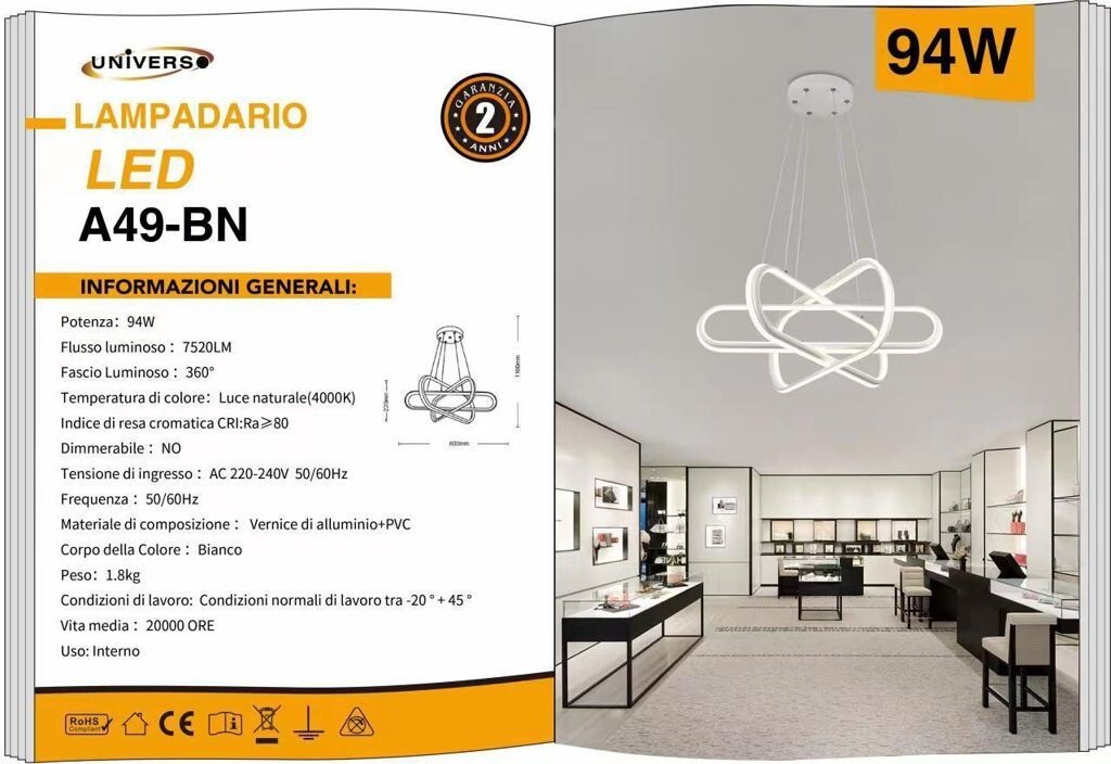 Scheda Tecnica Lampadario Universo A49-BN 94W LED 4000K Bianco