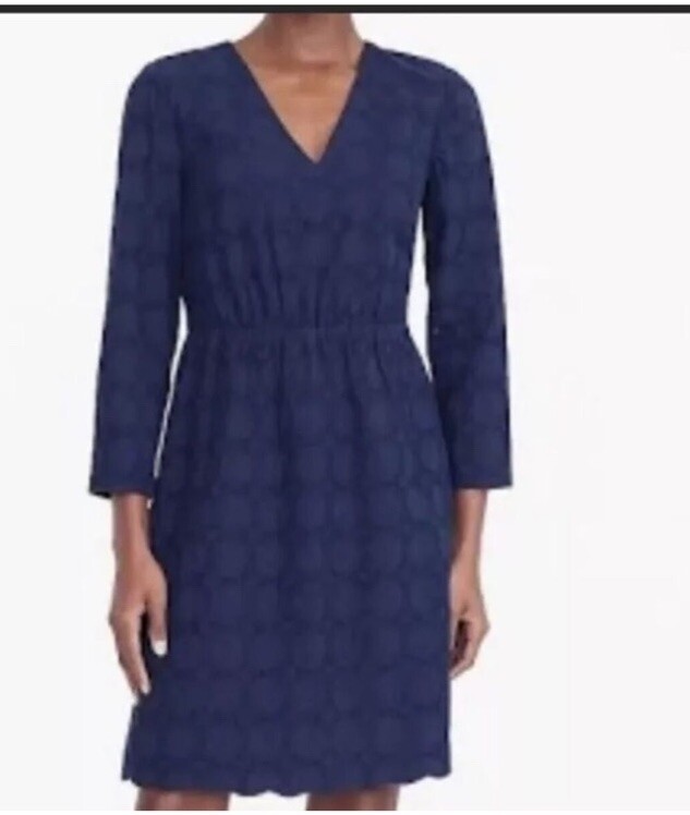 J Crew Navy Blue Lace Eyelet Circle Cotton 3/4 Sleeve A Line Shift Dress Size 12