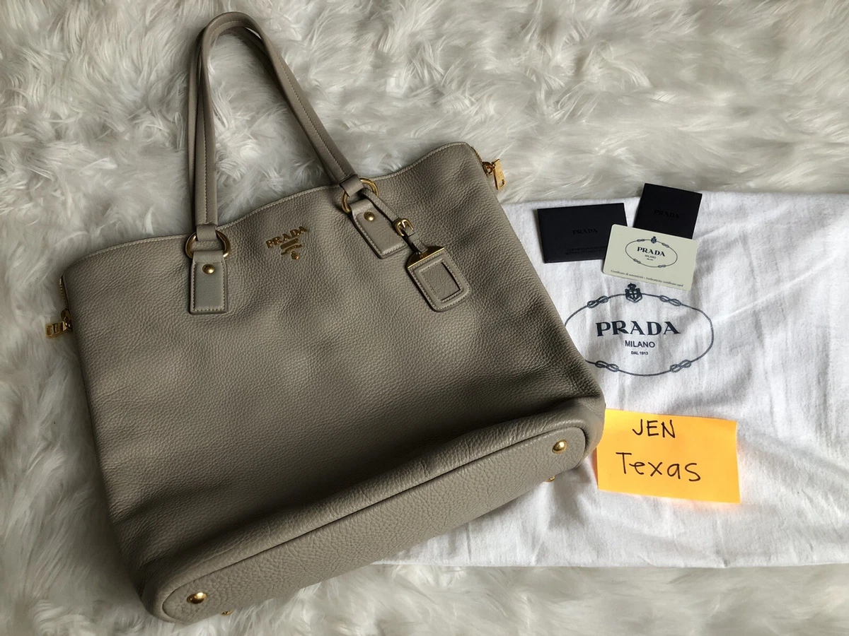 Prada Authentic LargeLeather Grey Beige With Gold Hardware Shoulder Bag Tote Bag