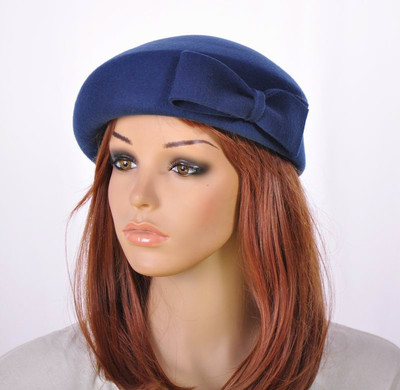 M60 Navy Blue Wool Cashmere Cute Bow Brim Fedora Bucket Hat