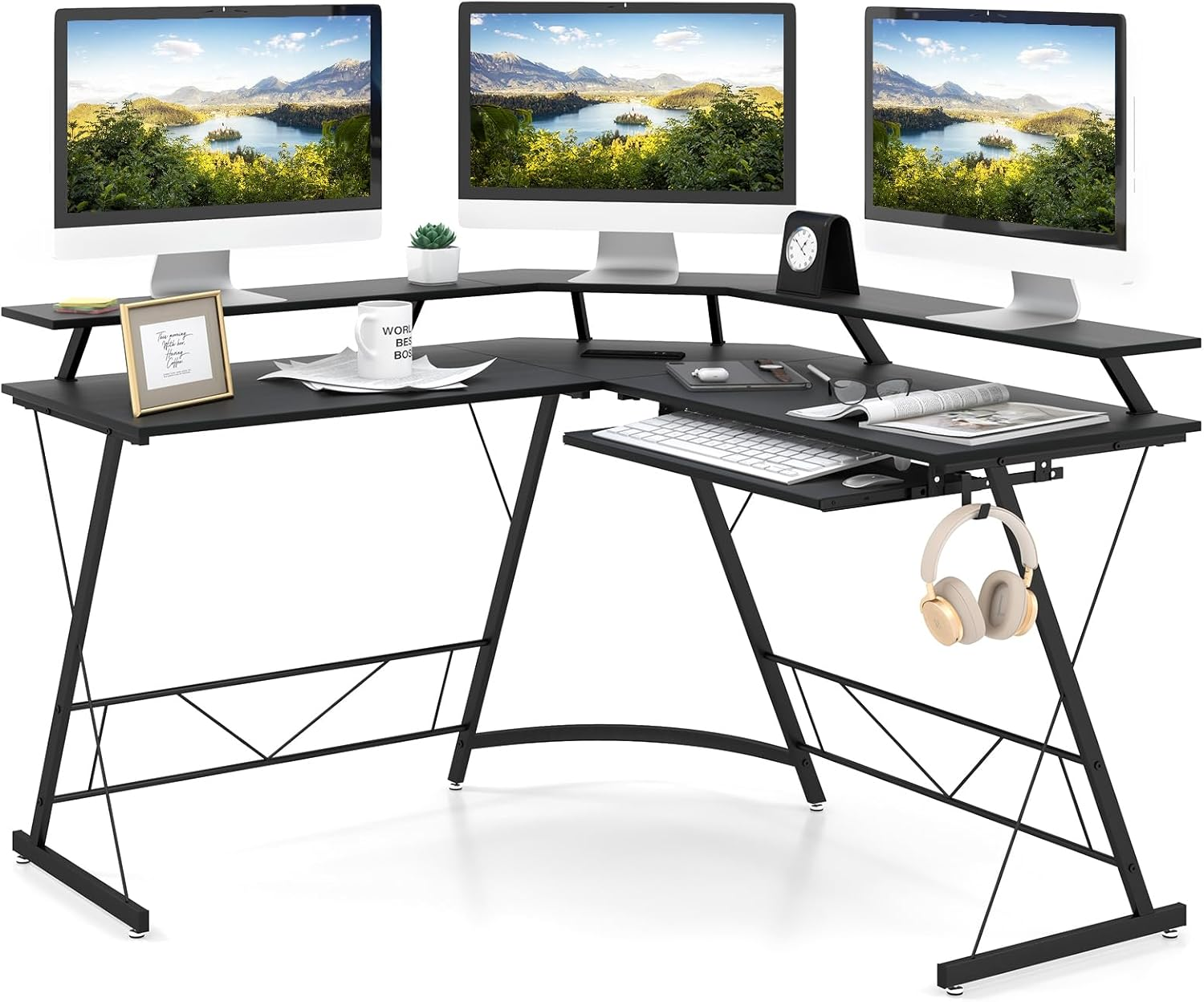 L Shaped Computer Desk Workstation Monitor Shelf Keyboard Tray Power Outlet