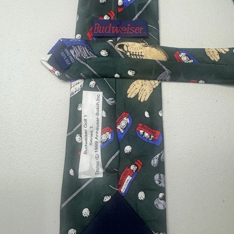 Budweiser Golf 1 Corbata Vintage 1999 Anheuser-Busch Verde Novedad Seda Hecha a Mano Foto 4 de 4