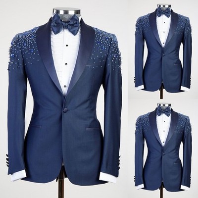 Navy Beading Mens Suits Jacket Beads Coat Shawl Lapel Prom Party Blazer Tuxedos