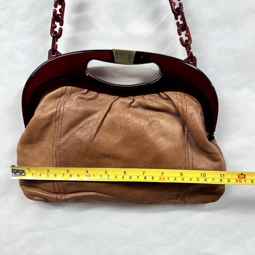 Vintage Faux Leather Trapezoid Purse Clutch Lucite Handle Detachable Chain Brown - Picture 13 of 15