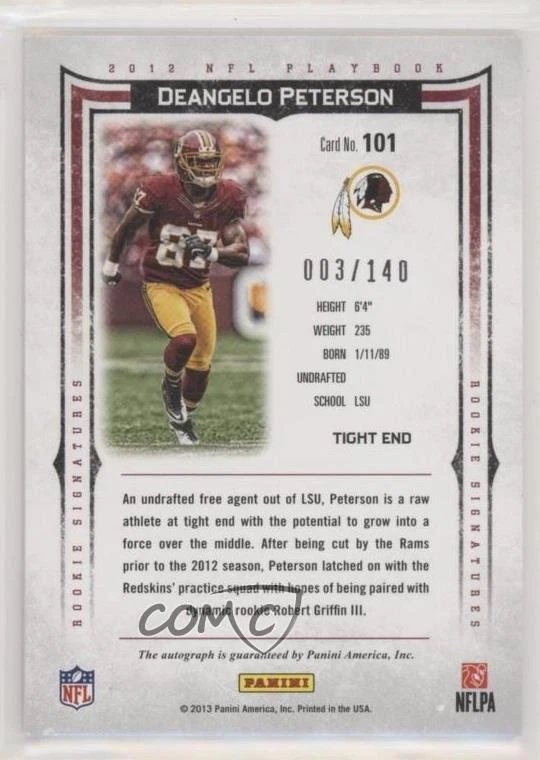 2012 Panini Playbook Signatures /140 Deangelo Peterson #101 Rookie Auto RC - Image 2 of 2