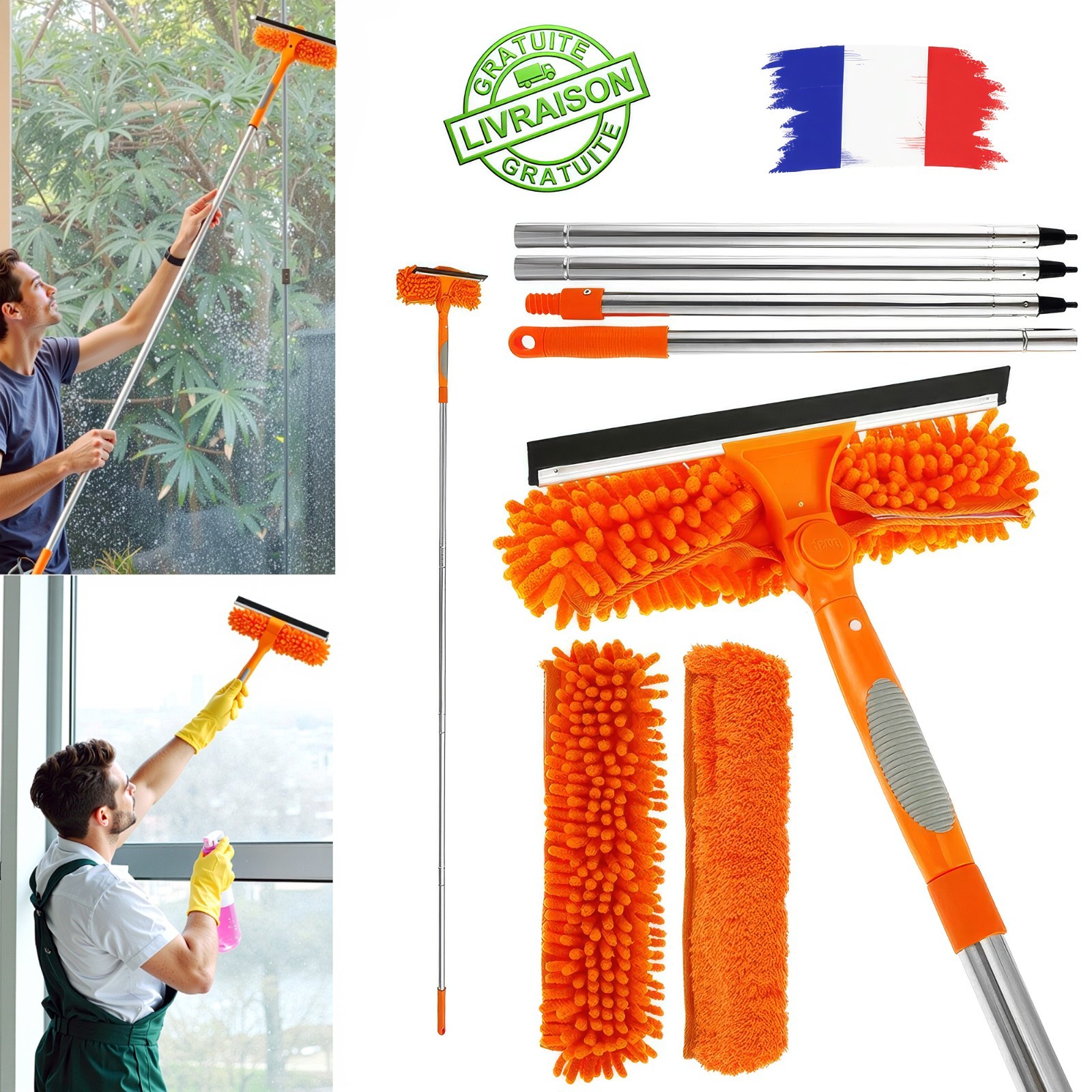 Perche télescopique lave-vitre 1,84m brosse raclette kit nettoyage extensible fenêtres haut