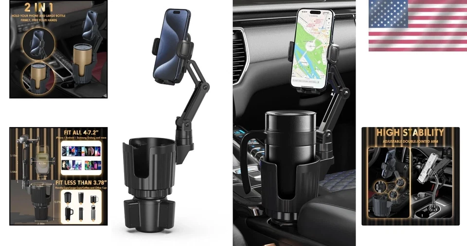 Soporte ajustable para teléfono de automóvil de brazo largo con expansor portavasos para todos los teléfonos inteligentes Foto 2 de 4
