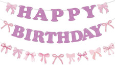 3 Pack Pink Bow Happy Birthday Banner Glitter Party Garland Decorations Set