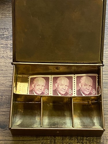 Vintage Antique Brass Stamp Box - Czechoslovakia w/Eisenhower 8 Cent Stamps