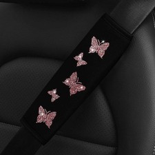 Glitter Pink Butterfly Bling Fabric Car Seat Belt Shoulder Cover Anti-Tight 80