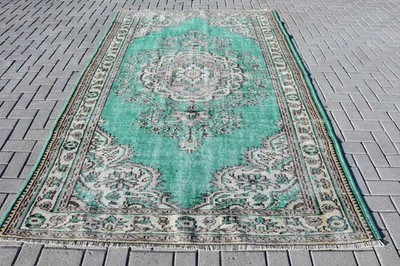 Turkish Vintage Rug, 5,9x9,2 ft Rug, Green Large Ikat Rug