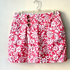 Lands' End Pink White 100 Cotton Abstract Floral Prints Button Fly Skort - 10