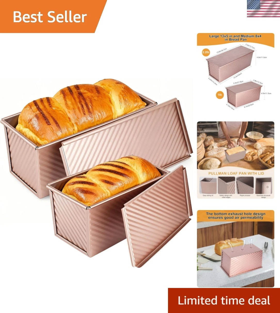 Non-Stick Pullman Loaf Pan with Lid - 2.2 LB & 1 LB for Delicious Bread