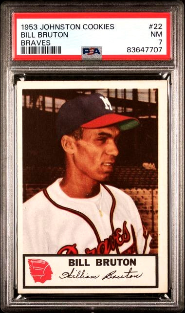Bill Bruton #22 Baseball Cards 1953 Johnston Cookies Braves trading card — raw and PSA graded price guide