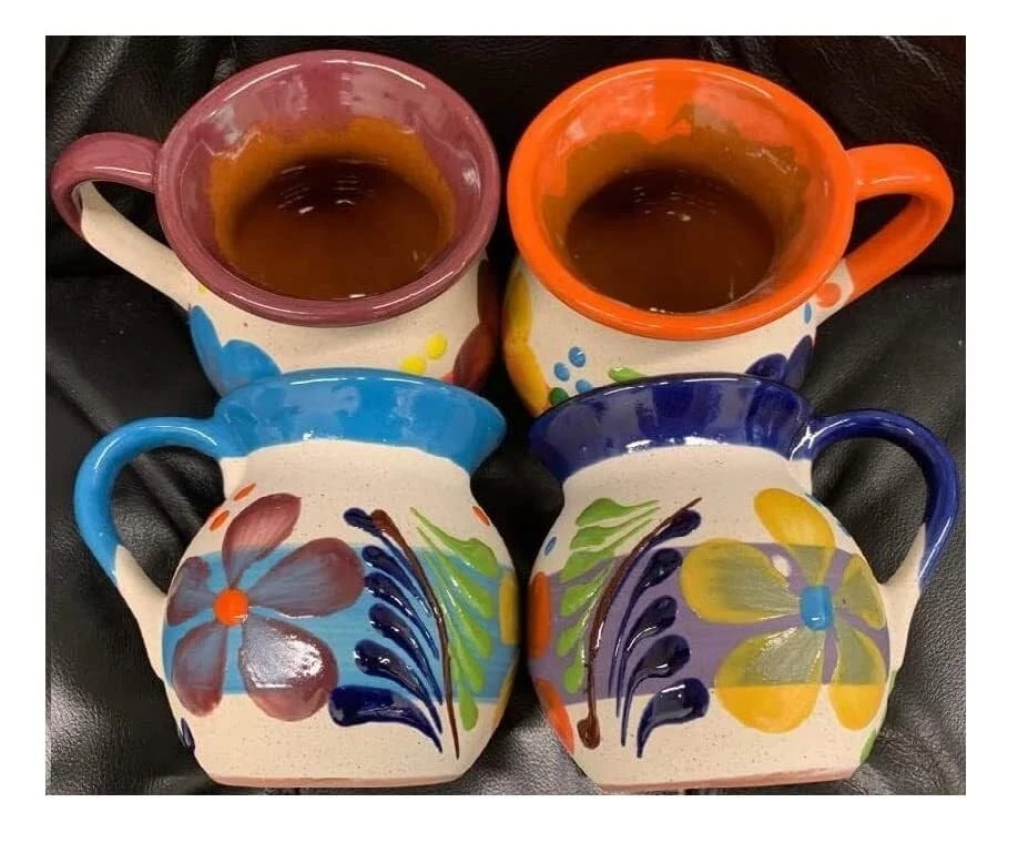 4-Mexican Coffee Mugs Jarritos Mexicanos Flower design Tazas de Barro Micnoca...