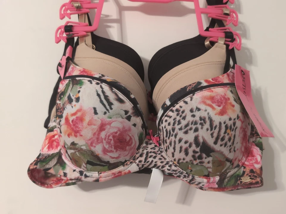 Betsey Johnson Mujer Camiseta Sujetador Paquete de 3 36B Floral Leopardo, Beige y Negro Nuevo con Etiquetas Foto 2 de 4