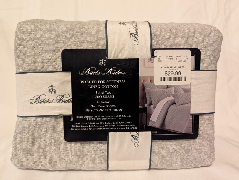 New Brooks Brothers Euro Shams Quillted Set 2 Gray 26" Square Linen Cotton Bed