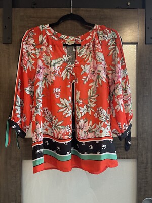 FIG AND FLOWER Red Green Tropical Floral Sheer Boho Asian Top PM Border Tunic