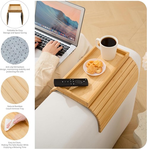 Foldable Bamboo Couch Arm Table - Convenient Snack & Drink Holder for Sofa - Picture 8 of 10