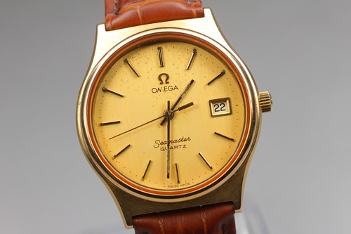 New Batt ◆Exc5◆ Vintage OMEGA Seamaster Qz 1342 Gold Mens 35mm Date Watch JAPAN - Picture 4 of 14