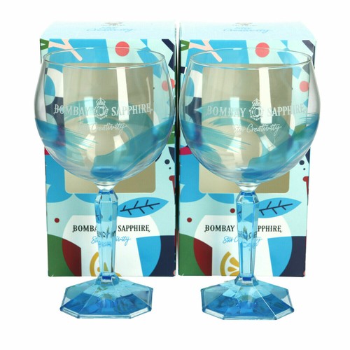 2 x Bombay Sapphire Balloon Glasses. Boxed. Bar Gin Glass. Light Blue