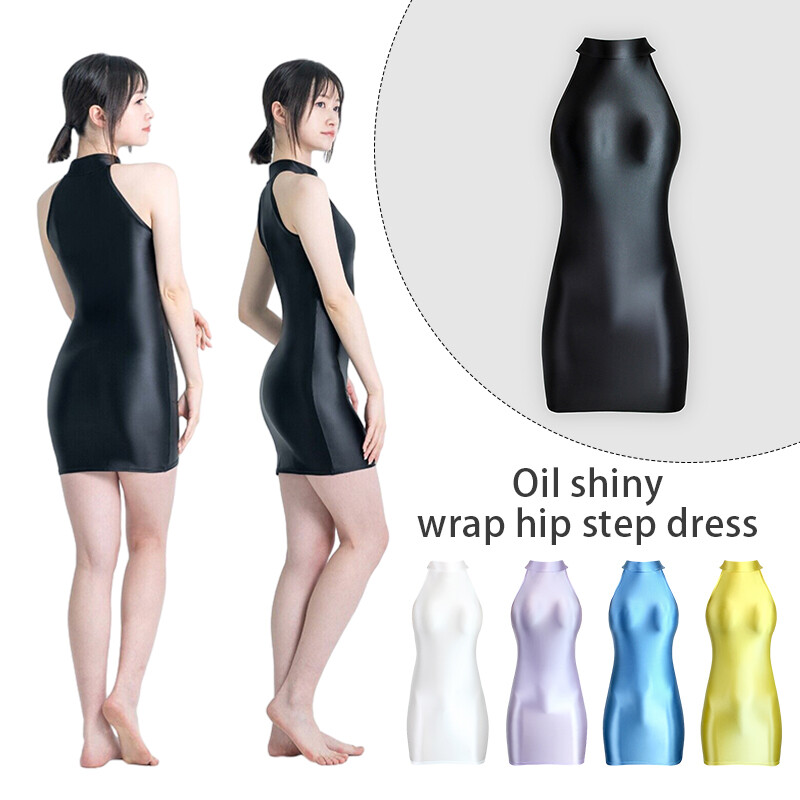 MJINM Women Sexy Oil Shiny Gloss Mini Bodycon Dress Sleeeveless Tight ...
