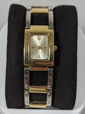 Silver Tone Dial Gold Tone Rectangle Case Two Tone Link Band Watch