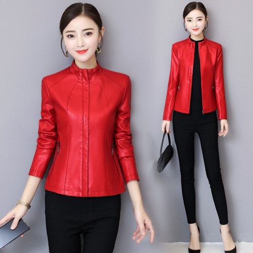 Ladies PU Leather Jacket Short Slim Fit Motorcycle Coat Women's Leather Jacket - Picture 3 of 16