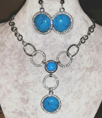 Collier Femme Cristal Et Strass Turquoise - Métal Argenté Sans Nickel - Neuf