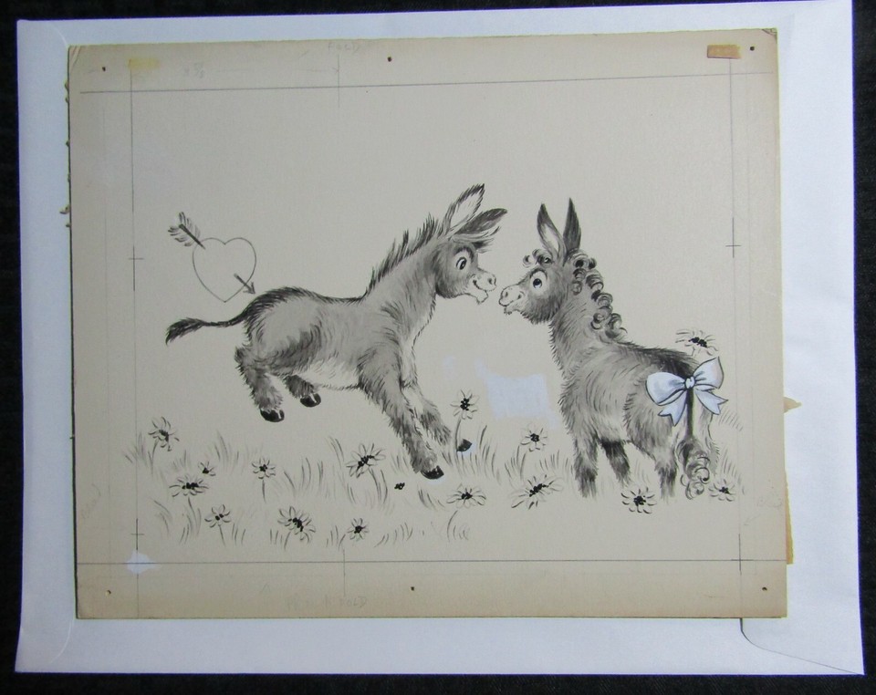 VALENTINES DAY Who Will Love You? 2 Donkeys 12x10  Greeting Card Art #V3450 Comic Art