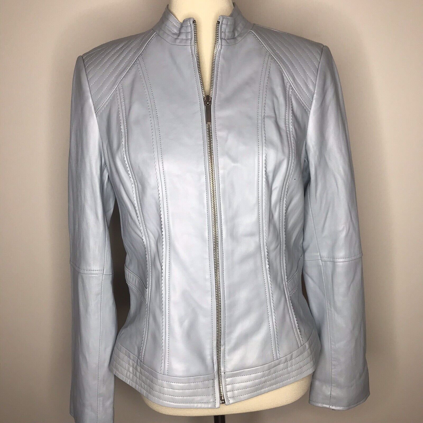 G.I.L.I./Got It Love It Moto Leather Jacket Zip Up Blue Mock Neck