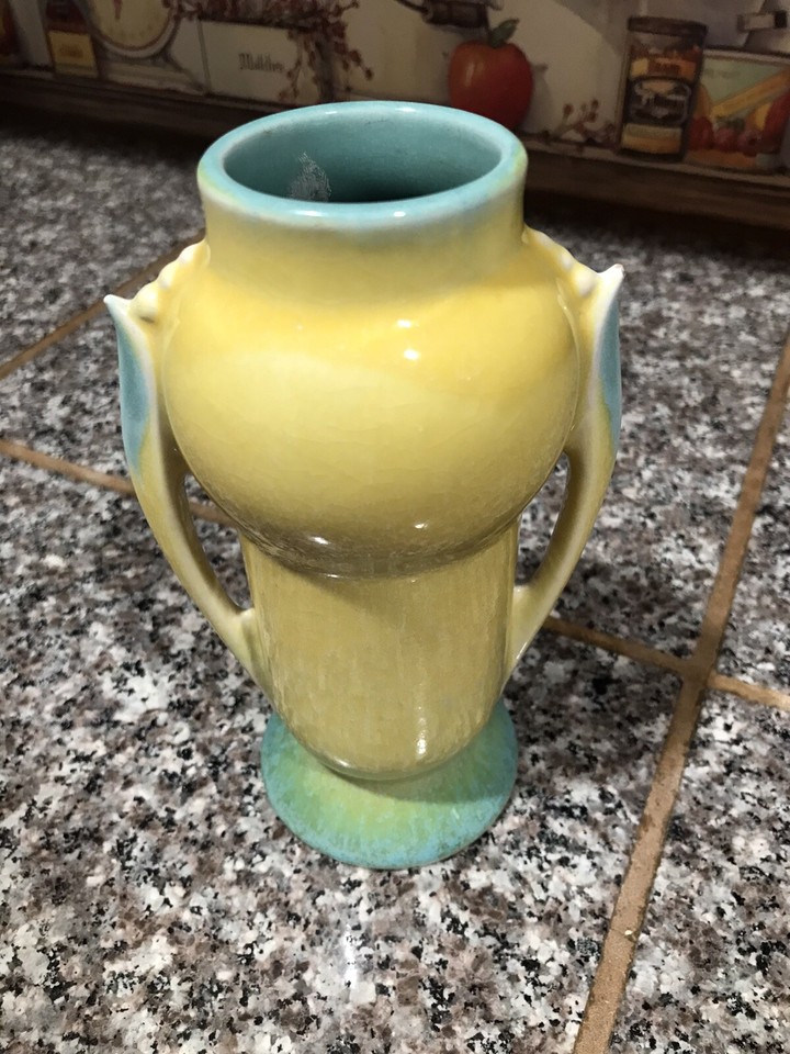 Roseville Orion Yellow And Green double handled pottery vase 6” Arts
