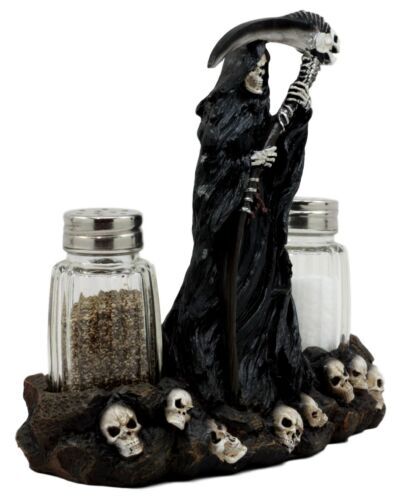 Grim Reaper Standing On Skull Graveyard Salt & Pepper Shakers