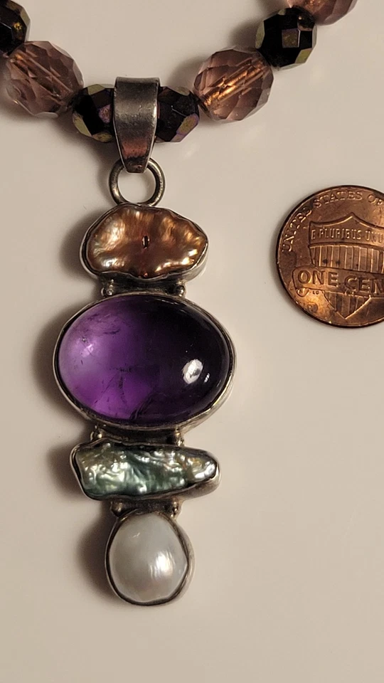 Ametista Viola Perla Argento Sterling Slide Ciondolo Perlina Cristallo Collana - Immagine 3 di 4