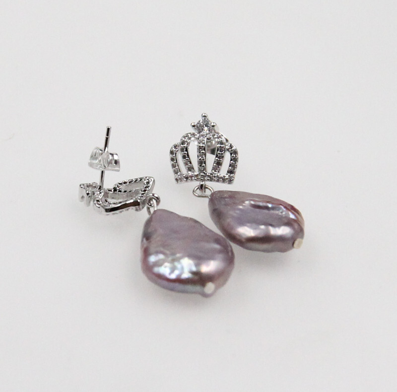 Image 11 - Natural 15x20mm Purple Cultured Baroque Pearl Earrings 18K Gold Ear Drop Hoop 