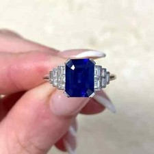 Art Deco Style Emerald Cut Sapphire Lab Created Diamond 925 Silver Wedding Ring