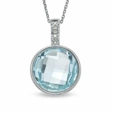 Solitaire Pendant Necklace Blue Topaz 14K White Gold Plated Sterling Silver