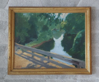 Ewin E. Tevis  Signed Noted Listed Artist Outdoor Oil on Canvas Nature WPA Style