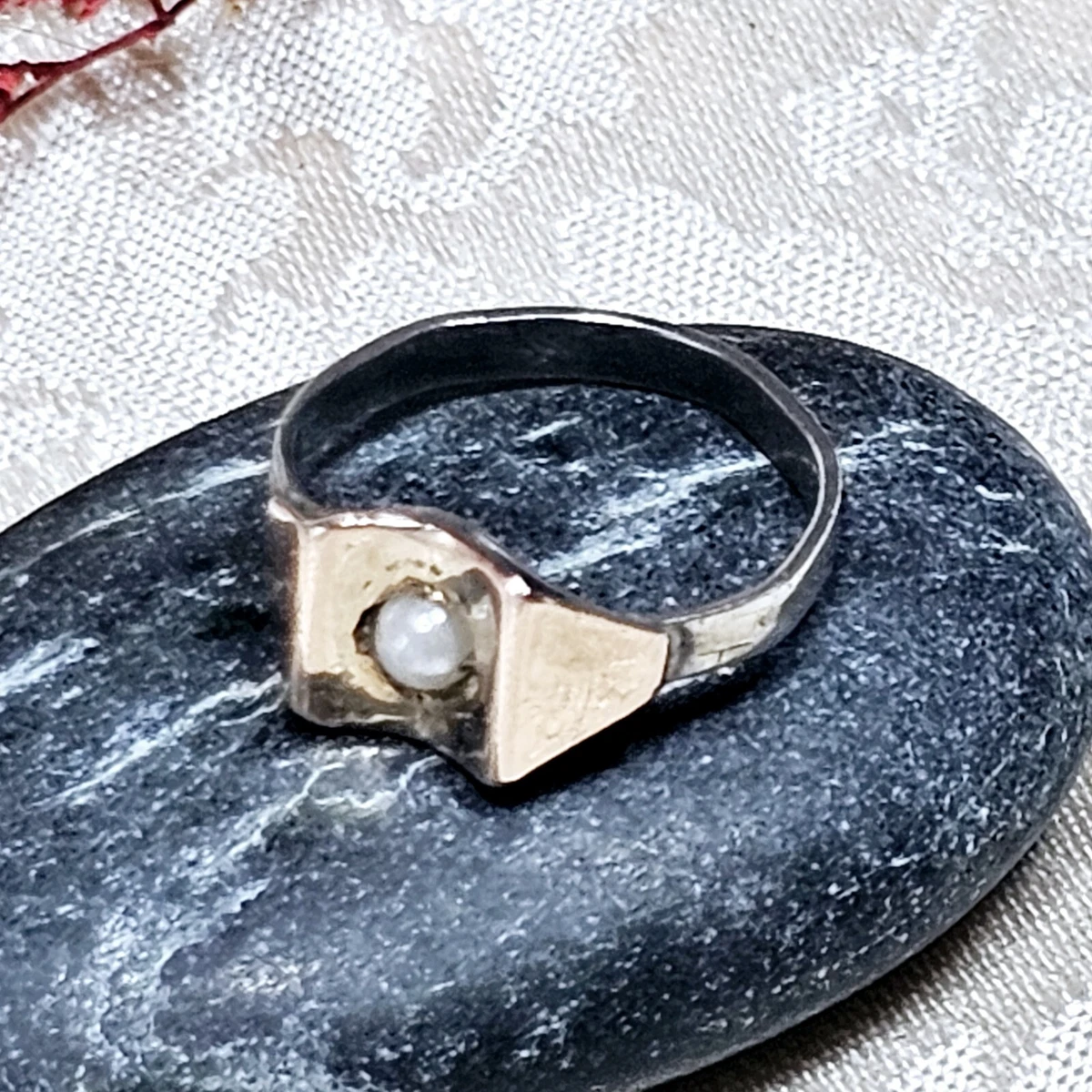 Bague Vintage Moderniste Argent 925 Et Verre Noir - Taille 56 - Occasion Avec Patine
