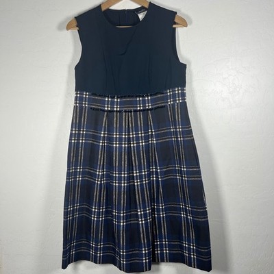 S Max Mara Navy Blue Plaid Beaded Pleated Sleeveless Dress Pockets IT 44 US 10
