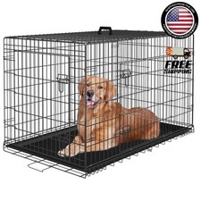 30" 36" 42" Dog Crate Kennel Folding Metal Pet Cage 2 Door With Tray Pan Black