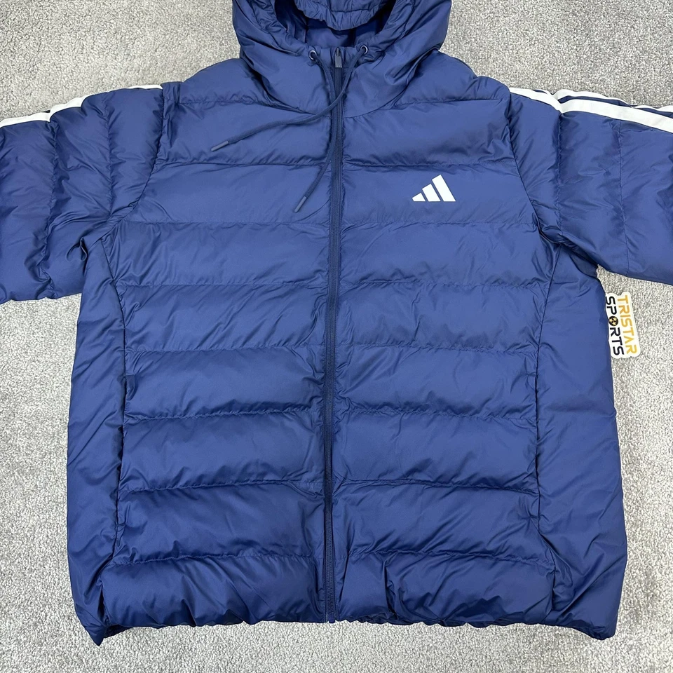Adidas Jacket Mens XL Dark Blue ESS 3S SD HD Hooded Puffer 3 Stripe Coat - Image 2 of 4